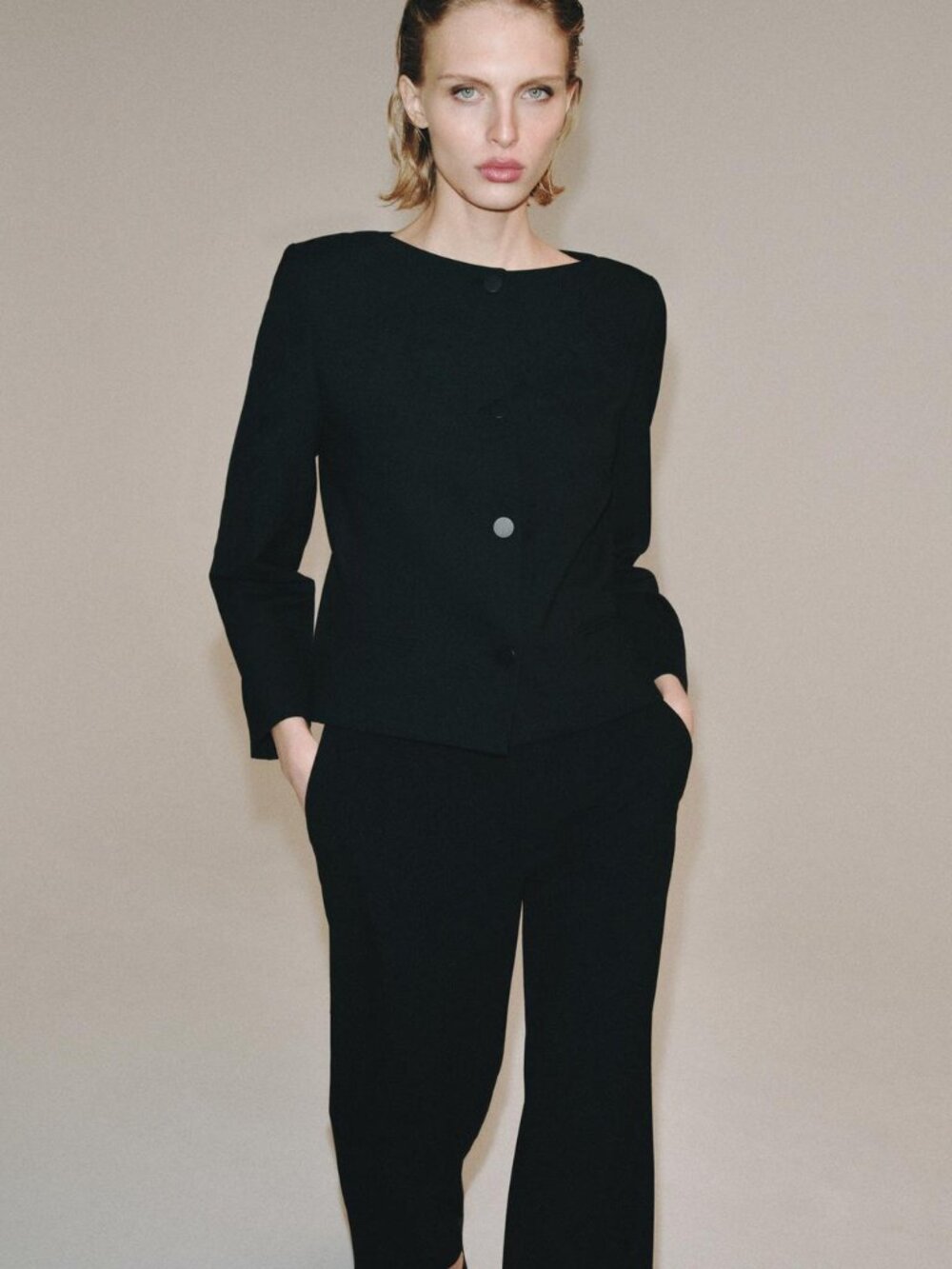 ZARA ZW Collection Black Button Jacket Collarless Tailored Blazer Large NWT